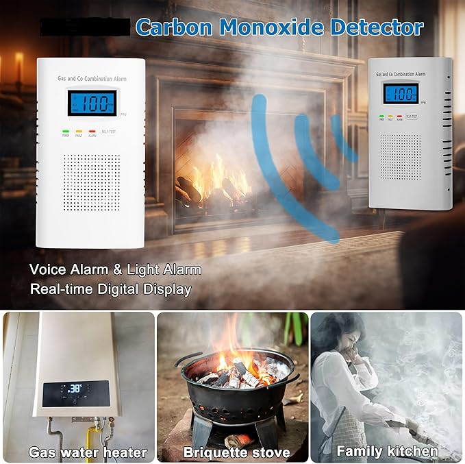 Combination Gas and Carbon Monoxide Detector Plug-in | CO Alarm & Natural Gas Combustible Detector | Digital Display, Battery Backup, Easy Install | for Home Kitchen Safety Monitoring 1-Pack