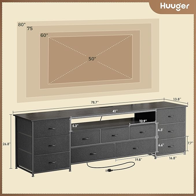 Huuger 78.7 Inch TV Stand for 75, 80 Inch TV, 11 Drawer Long Dresser with Power Outlets and LED Lights, Entertainment Center with Storage, Black Dresser with PU Leather Surface