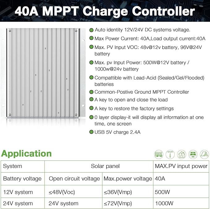 OOYCYOO MPPT Charge Controller 40 amp 12V/24V Auto, 40A Solar Panel Charge Regulator with Blacklight LCD Display Max 100V for Lead-Acid Sealed Gel AGM Flooded Lithium Battery