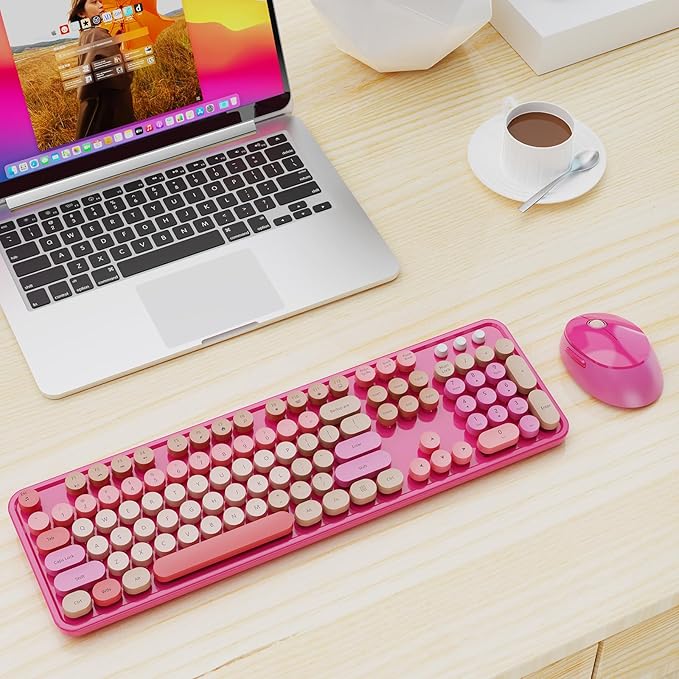 Nowlike Wireless Keyboard and Mouse Combo, Retro Typewriter Keyboard with Round Keycaps, Full-Size Ergonomic, Red, Ideal for Windows PC, Home, Office, and College, Wireless Keyboard Mouse Combo