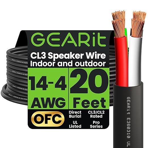 GEARit Outdoor Speaker Wire CL3 Rated, 14 Gauge Speaker Wire, Speaker Cable 20 ft for Outdoor Speakers, Patio, Garden, Backyard Audio, Direct Burial in Ground/in Wall, OFC (Black, 4-Conductors)