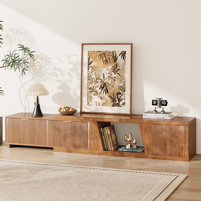 Epecoya Extendable TV Stand with Storage Cabinet Wooden, Mid Century Modern TV Stand with Adjustable Shelf and Drawers, Extra Long TV Stands for Living Room Fluted, Warm Brown Oak (64.57" W-98.43" W)