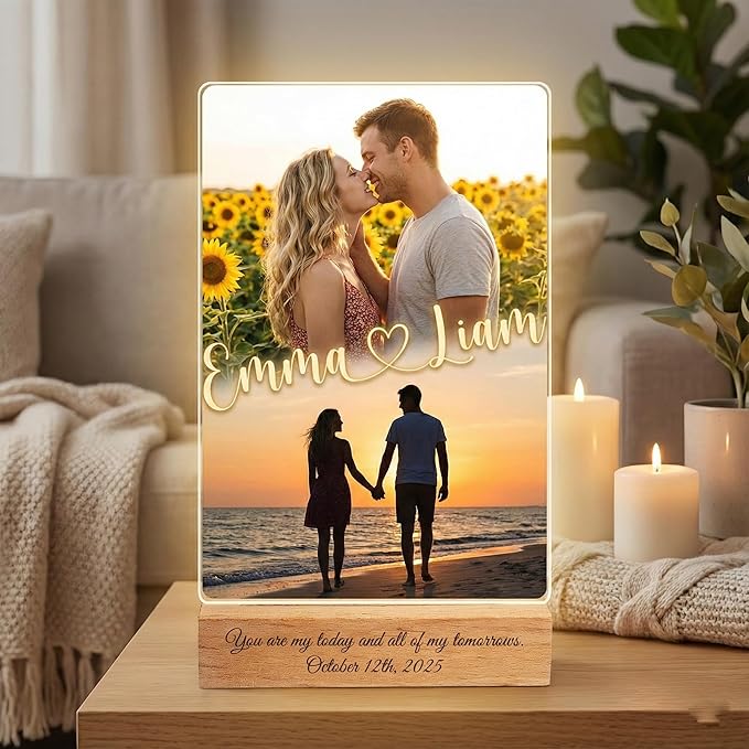 MamaEra Valentine’s Day Gift for Him - Personalized Photo Collage Night Light for Couples - Custom Acrylic LED Lamp with Names & Engraved Wooden Base - Romantic Anniversary, Wedding