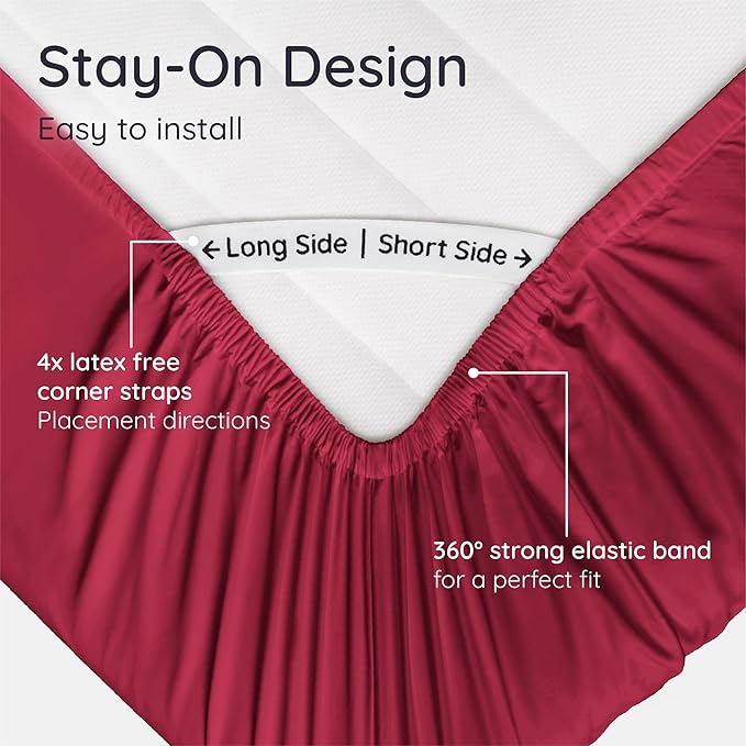 Bambaw 100% Viscose Derived from Bamboo Fitted Sheet Queen Size, Cooling Fitted Sheet, Queen Mattress Fitted Sheet Only, Deep Pocket Fitted Sheet with Corner Straps (Burgundy)