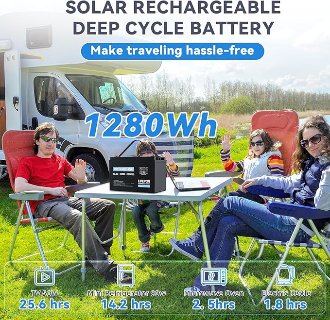 WOXABHSL 12V 100Ah LiFePO4 Lithium Battery,10 Year Lifespan,Built-in 100A BMS, Low-Temp Protection, Up to 15000+ Deep Cycles, for RV, Marine, Solar System, Van, Trailer, Home Energy Storage