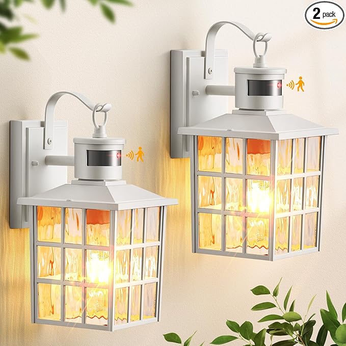 VIANIS White Motion Sensor Exterior Wall Lantern, 2 Pack Dusk to Dawn Outdoor Light Fixture Wall Mount, Anti-Rust Modern Outdoor Wall Sconce Lighting for House Front Porch Garage with Tempered Glass