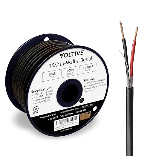 Voltive 16/2 Speaker Wire, in-Wall CL3 & Direct Burial, Black, 100ft - 16AWG, 2 Conductors, Stranded Oxygen-Free Copper, UL Listed - V-1210-1