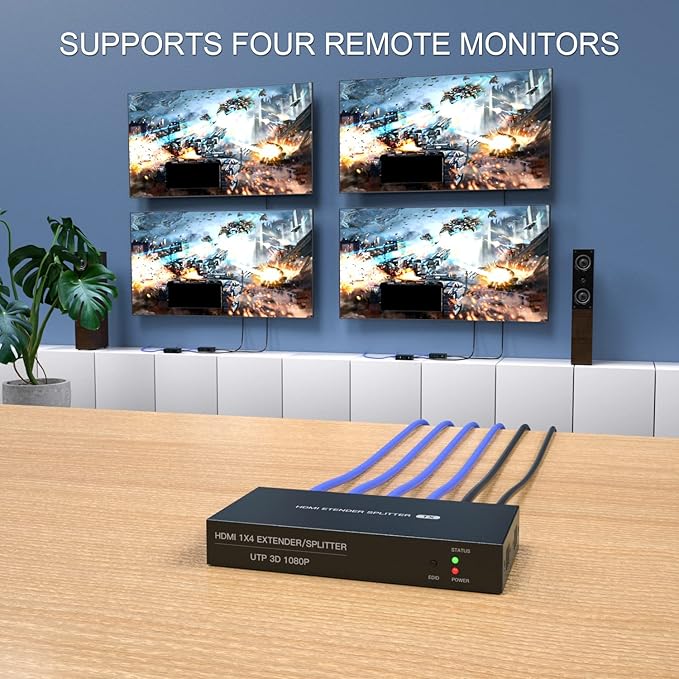 HDMI Extender Splitter 1x4 1080P@60Hz Over Cat 5E/6/7 Ethernet Cable 50m (165ft) Support EDID Copy POC Function (1 in 4 Out)