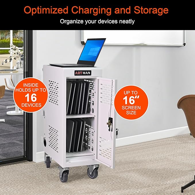 Aokleo Laptop Charging Cart,16 Devices Tablet Storage Carts for pad Up to 16.3" Screen Size, Classroom Computer Mobile Charging Station for Pads, Chromebooks,Laptops, Security Storage(16 Bay-White)
