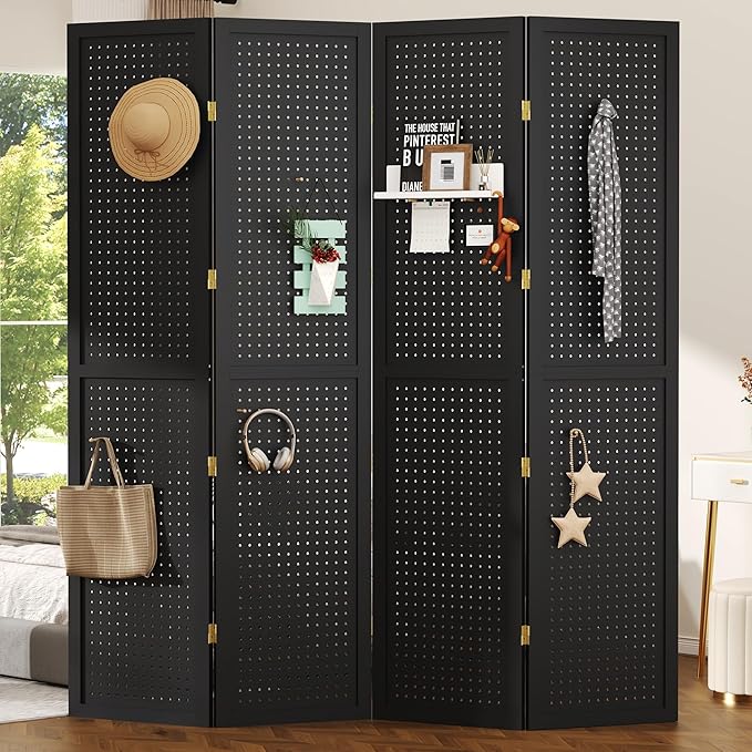 DURASPACE 4 Panel Room Divider 5.6 FT Pegboard Display Folding Wood Privacy Screen Pegboard Stand Organizer for Jewelry, Craft, Cloth, Art Display (Black)