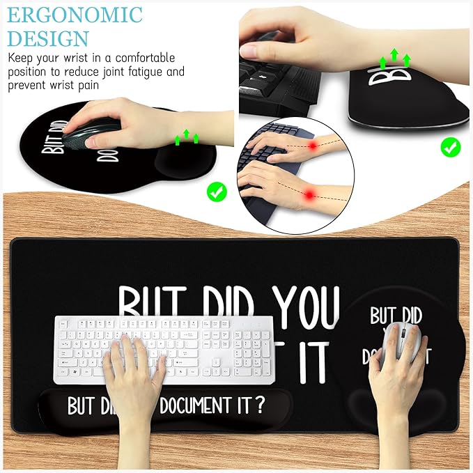LIMKRIAN Black Mouse Pad Large Desk Mat Set, Funny Mouse Pad with Wrist Rest Keyboard Wrist Support XXL Mousepad Cup Coaster Set, Cute Office Desk Accessories Decor Supplies But Did You Document It