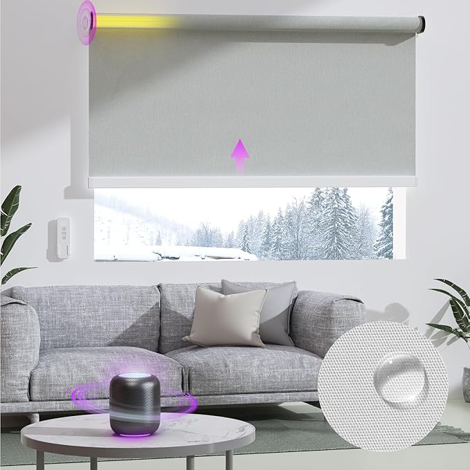 Astomi Motorized Roller Shades for Windows, Blackout Smart Blinds for Indoor, Effortless Remote & Voice Control, Compatible with Alexa, Google Home, Custom Size，Vinyl-Ash Gray