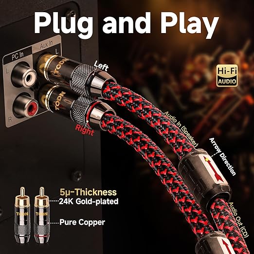 TODN Audiophile RCA to RCA Audio Cable with 4-Core-OFC Shielded RCA Stereo Cables for HiFi Home Theater (1.64ft/0.5m, 1 Pair)