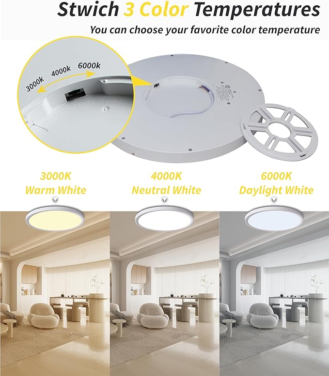 4pack 12 Inch Flush Mount Ceiling Light, 24w Led Ceiling Light, 3000k/4000k/6000k Selectable 2520lm Ceiling Lights, Super Slim Led Light Fixture For Bedroom Kitchen Living Dining Room Office (White)