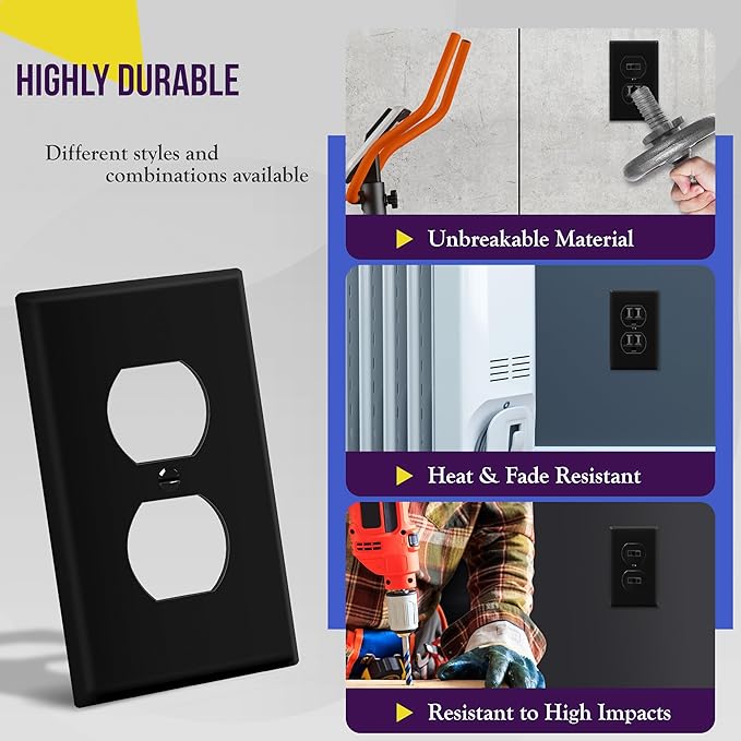 ENERLITES Duplex Receptacle Outlet Wall Plate, Size 1-Gang 4.50" x 2.76", Unbreakable Polycarbonate Thermoplastic, UL Listed, 8821-BK-5PCS, Black (5 Pack)