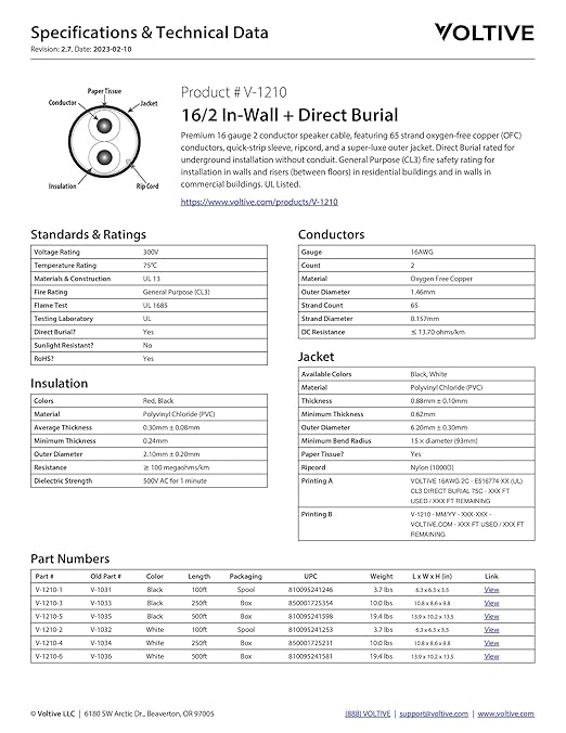 Voltive 16/2 Speaker Wire, in-Wall CL3 & Direct Burial, White, 250ft - 16AWG, 2 Conductors, Stranded Oxygen-Free Copper, UL Listed - V-1210-4