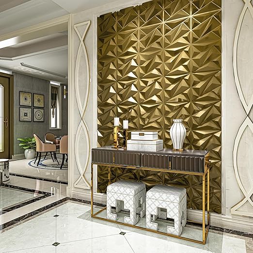 Art3dwallpanels 33 Pack 3D Wall Panel Diamond for Interior Wall Décor, PVC Textured Wall Panels, 12''x12'' Cover 32.Sq.Ft. Golden