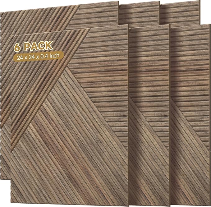 Autorific Acoustic Wall Panels,6 Pack Total Size 72 x 48 Inches,Self-Adhesive Decorative Acoustic Panels for Wall and ceiling,3D UV Printing with Wood Look,Natural Walnut