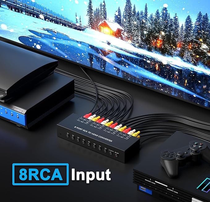 Azduou 8 AV to HDMI Converter, 1080P/720P 8 Way RCA Composite CVBS AV Switch to HDMI Converter Adapter Support 4:3/16:9 Switch for Sega Xbox PS1 PS2 PS3 N64 NGC SNES WII VHS VCR Camera DVD