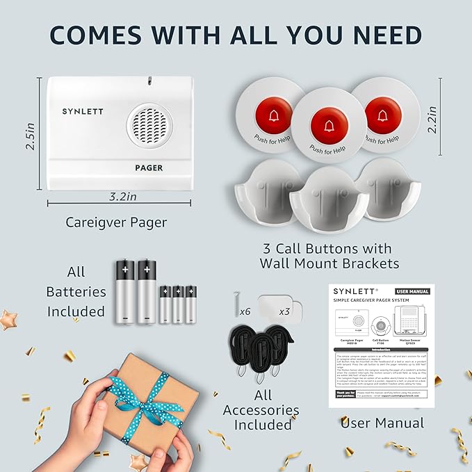SYNLETT Caregiver Pager Wireless Nurse Call Buttons for Elderly Monitoring SOS Alert System Portable Alarm Call Bell for Nursing Home Care Seniors Patients Emergency