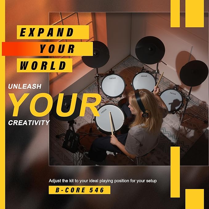 AKLOT Fully-Expandable Electric Drum Set: Independent Stand System, 12" Wooden Snare, Independent Hi-Hat and Triple-Zone Ride Cymbal, Mesh Bass Drum, 475 Sounds, Drum Sticks, Lesson Book (B-CORE546)