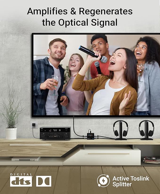 BlueRigger Digital Optical Audio Splitter (Active Toslink Splitter 1 in 3 Out, SPDIF, Fiber Optic Adapter) - Compatible with Home Theatre, Xbox, PS4, DVD, Receiver, TV, LPCM2.0, DTS, Dolby Digital