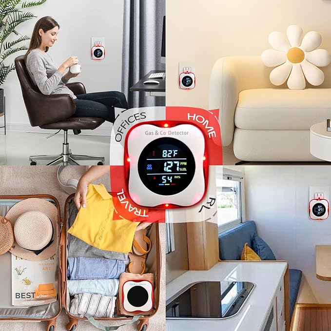 Combustible Gas & Carbon Monoxide Detector 4-in-1 Alarm with Temp/Humidity Sensor – Plug-in CO/Gas Leak Detector for Home, RV, Apartment Safety (Explosive Gas & CO Detection) (CO&Gas, 1-Pack)