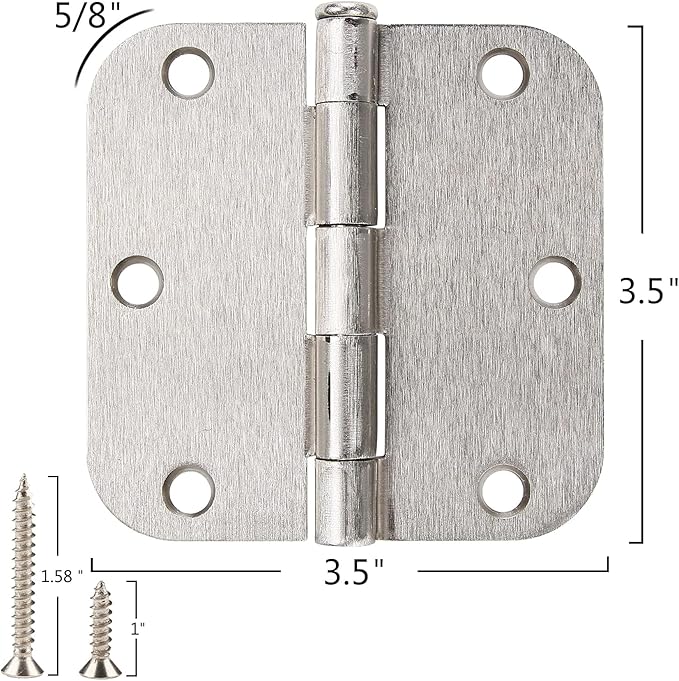 12 Pack Brushed Nickl Door Hinges 3.5 Inch x3-1/2 5/8 Radius Round Interior Hinge 3 ½" Satin Silver Heavy Duty Steel Iron Hardware for Bifold Standard Doors Home House Decor Accessories Kits