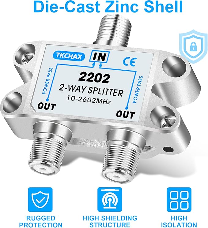 TKCHAX 2 Way Coaxial Cable Splitter,Support 10-2602MHz, RG6 Compatible, Nickel-Plated for Cable Splitter,Work with CATV, Satellite TV,Antenna System and MoCA Configurations