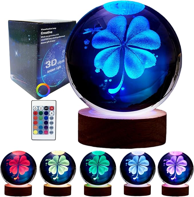 Conalisk 3D Four-Leaf Clover Crystal Ball Lamp,Lifelike 3D LED Clover Night Light,16 Colors Changing Light,Dimmable Remote Control,Clover Lamp Gift (Four-Leaf Clover)