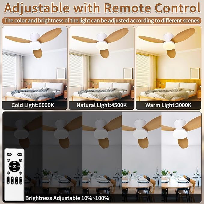 Glowall Small Ceiling Fan with Lights and Remote, 32 Inch Flush Mount, Small Quiet, DC Motor, Reversible Blades, 6 Wind Speeds, Dimmable LED, Adjustable Color Temperature, Timer