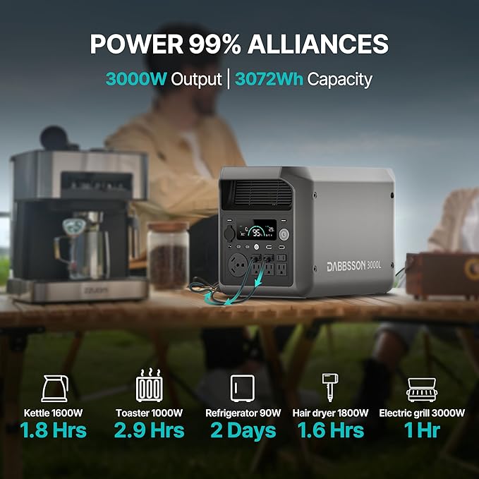 DABBSSON 3072Wh Solar Generator with 210W Solar Panel, Semi-Solid LiFePO4, 3000W AC Output×6,TT-30×1 for Charging RV,P-Boost 3600W,Lightweight,1.3X Runtime,3000L Power Station for Camping Home Backup