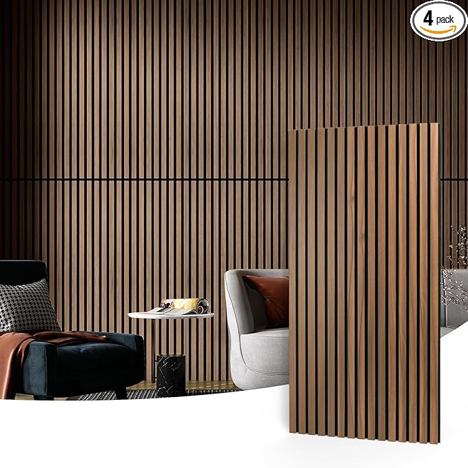 Art3d 4 Pack 47.2 x 23.6in. Wood Slat Acoustic Panels for Wall and Ceiling - 3D Fluted Sound Absorbing Panel with Wood Finish - Walnut
