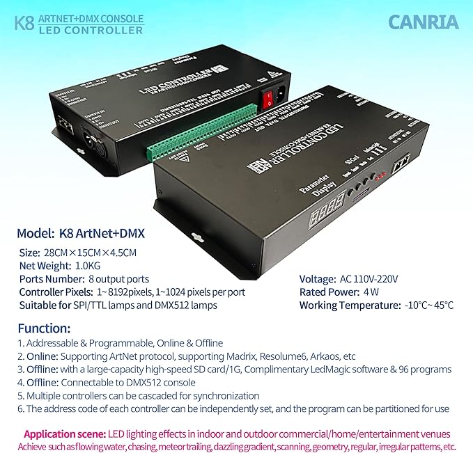 CANRIA K8 ARTNET+DMX CONSOLE LED CONTROLLER, Suitable for SPI and DMX512 LED Light, Online Offline, Addressable Programmable, 1G SD Card With 96 Program Modes and Offline Software.