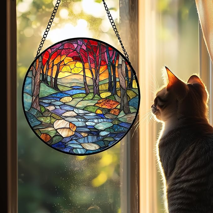 AMDERVEN Stained Glass Window Hanging, Red Tree Abstract Sunset Lake Sun Catcher for Window Home Decor Landscape Suncatcher Mother's Day Birthday Gifts for Women Men Mom and Nana 9.8 in