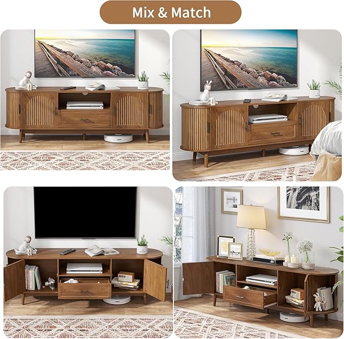 Mxtxmy 70" Fluted TV Stand for Tvs up to 80", Mid-Century Modern Entertainment Center with Drawers and Fluted Doors, Curved TV Media Console Table with Sliding Doors for Living Room, Bedroom (70")