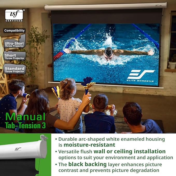 Elite Screens Manual Tab-Tension 3, 110-INCH with Extra 12" Drop, Pull Down Projector Screen Home Movie Gaming Presentations ISF Certified Premium CineWhite® P Material, MT110XWH3-E12