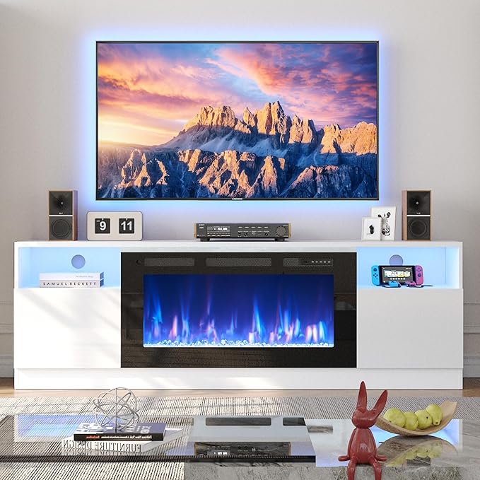 YISUFO 70" TV Stand with 36" Electric Fireplace, Large Modern Media Entertainment Center with Storage Cabinet and 12 Colors LED Lights for TVs Up to 80",White and Black