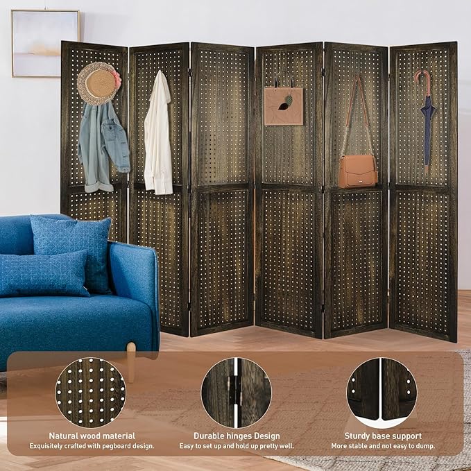 ECOMEX 6 Panel Room Divider, 5.6Ft Pegboard Display Wooden Room Divider Folding Privacy Screen Room Divider Freestanding Peg Board Display for Trade Show Craft Show Home Wall Organizer, Retro Brown