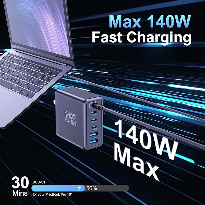 Graaci 240W USB C Charger, 140W Laptop Fast Charger, PD3.1 PPS 6-Port USB Type C Wall Charger, Advanced GaN Power Adapter, for MacBook Pro 16'', iPhone 16 Series, iPad Pro, Galaxy, Pixel, and More