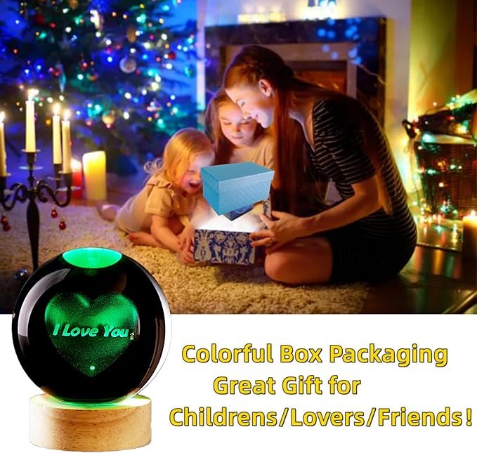 3D Crystal Ball Lamp,Lifelike LED Heart Night Light,16 Color Changing Light,Dimmable Remote Control, Romantic I Love You Lamp
