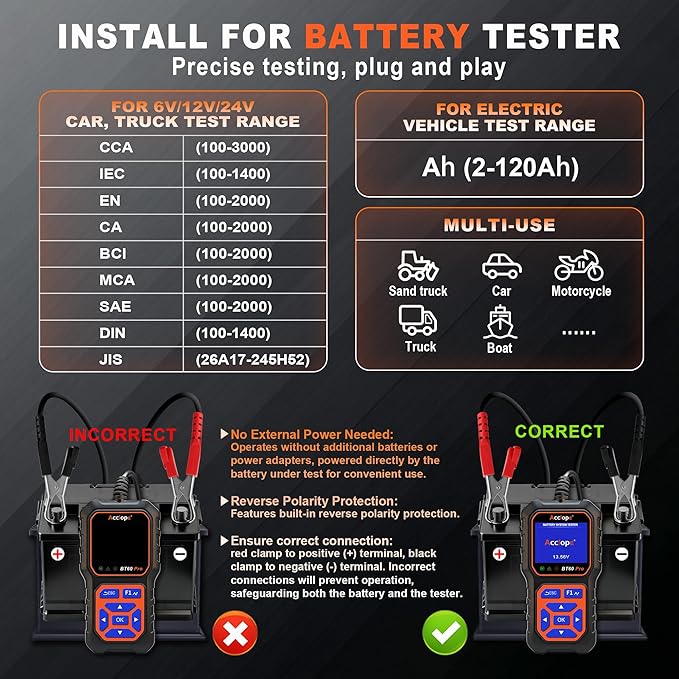 BT60 Pro Acclope Car Battery Tester with Cloud Printing 100-3000 CCA 6V 12V 24V AGM Lithium Gel Battery Checker Automotive Alternator Digital Analyzer Charging Cranking System Vehicles Truck Home-use