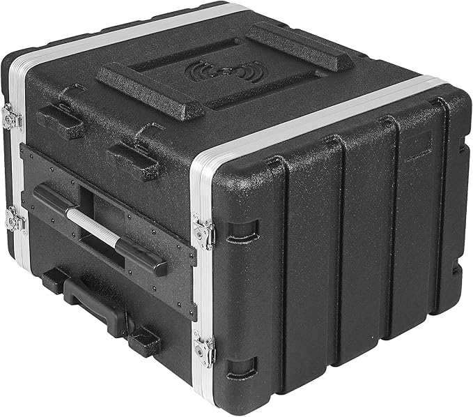 Sound Town Lightweight 8U PA DJ Rack/Road Case with 7U Rack Space, ABS Construction, 19” Depth, Retractable Handle, Wheels and Heavy-Duty Latches (STRC-A8UT)
