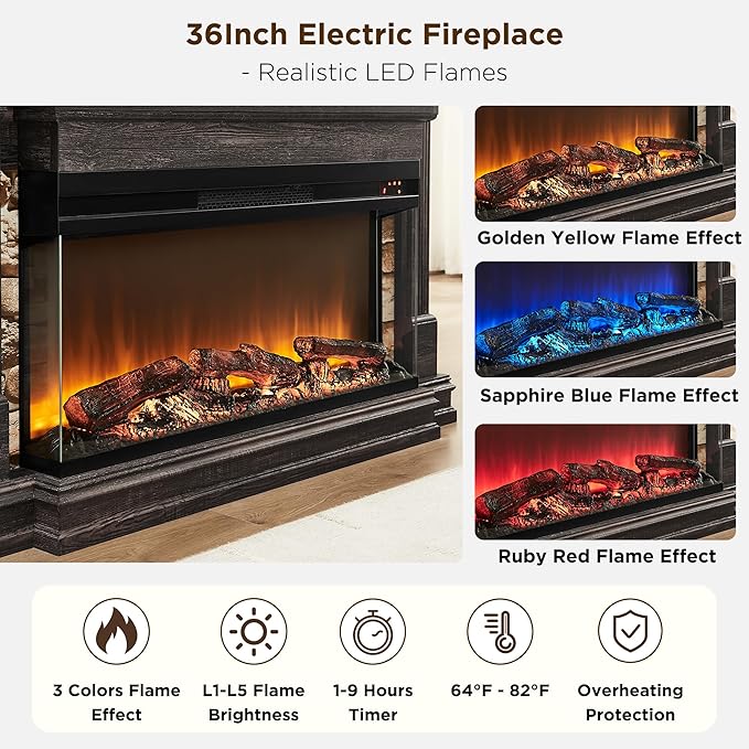 OKD 52 Inch Electric Fireplace with Mantel, Fireplace TV Stand with 36" 3-Sided Glass Electric Fireplace Heater for Living Room, Dark Rustic Oak