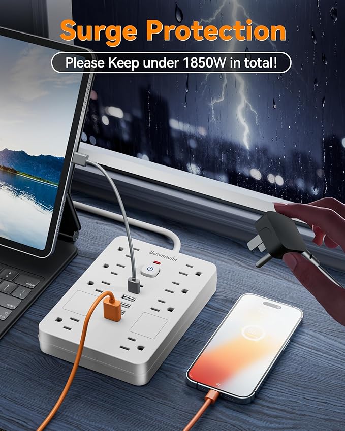 Bawmwim Surge Protector Power Strip - 8 Outlets(1850W/15A) with 6 USB Ports（2 USB C, 10FT Flat Plug Extension Cord, Wall Mount Multi Plug Outlet Extender, ETL Listed for Home, Dorm Room, White