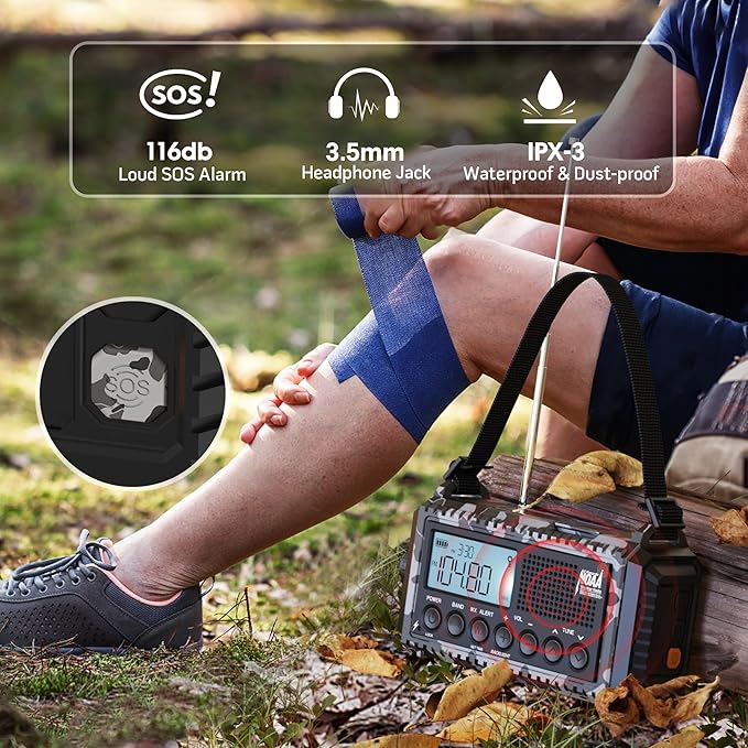 Mesqool Emergency Radio AM/FM/SW/NOAA Weather Radio, 12000 Battery Powered Rechargeable Hand Crank Solar Radio Flashlight Cell Phone Charger, SOS, Including Type-C Adapter Cord