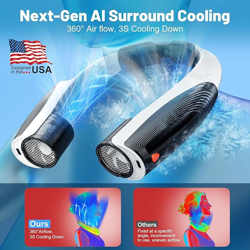 AI Portable Neck Fan with 6 Powerful Speeds, 8000mAh Battery Operated USB-C Rechargeable Fan, Hands-Free 360° Cooling Neck Fan,Twistable,Ultra-Quiet Personal Fan for Women Men Travel(Black-White)