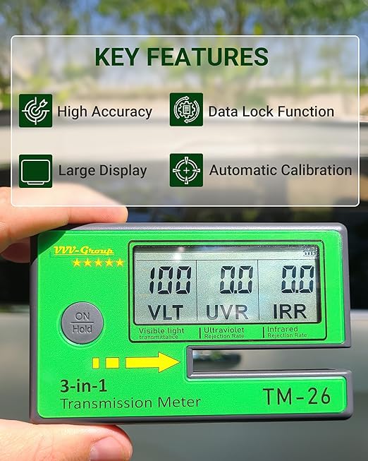 Digital Car Window Tint Meter TM-26 / Side Window Tint, Sun Control Film, VL/UV/IR Transmittance Detection, Tester Meter Gauge (Without PU Case)