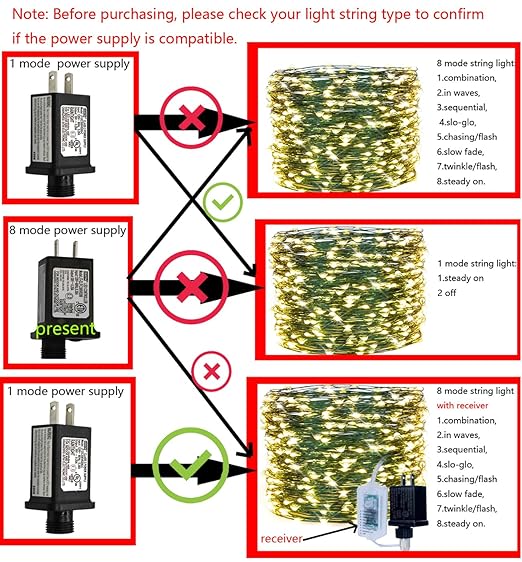 2 Pcs 8 Mode Light LED Transformer 12V LED Controller Class 2 Power Supply,Transformer US Plug Adapter Replacement for String Light, not Fit 8 Mode with Control Box and 1 Mode String Light