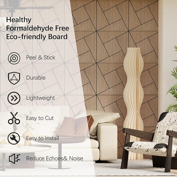 ARMURO 4 Packs Acoustic Wall Panels - Self-Adhesive 3D Wood Slat Wall Panel- Peel and Stick Sound Absorbing Panels for Noise Reducing - Feature Wall Decor for Home & Office